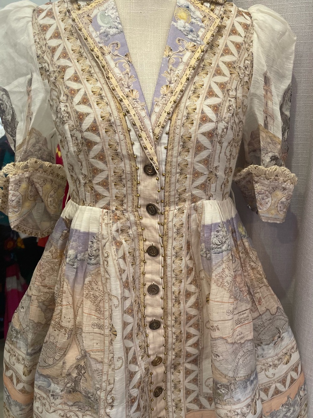 Zimmermann Cream and Lavender Embroidered Button-Front Midi Dress